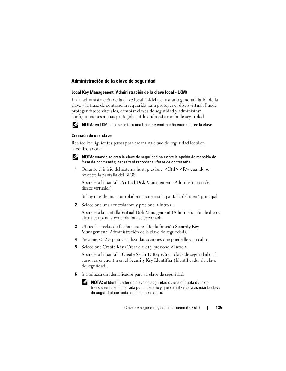 Administración de la clave de seguridad | Dell PowerEdge RAID Controller H700 User Manual | Page 135 / 200
