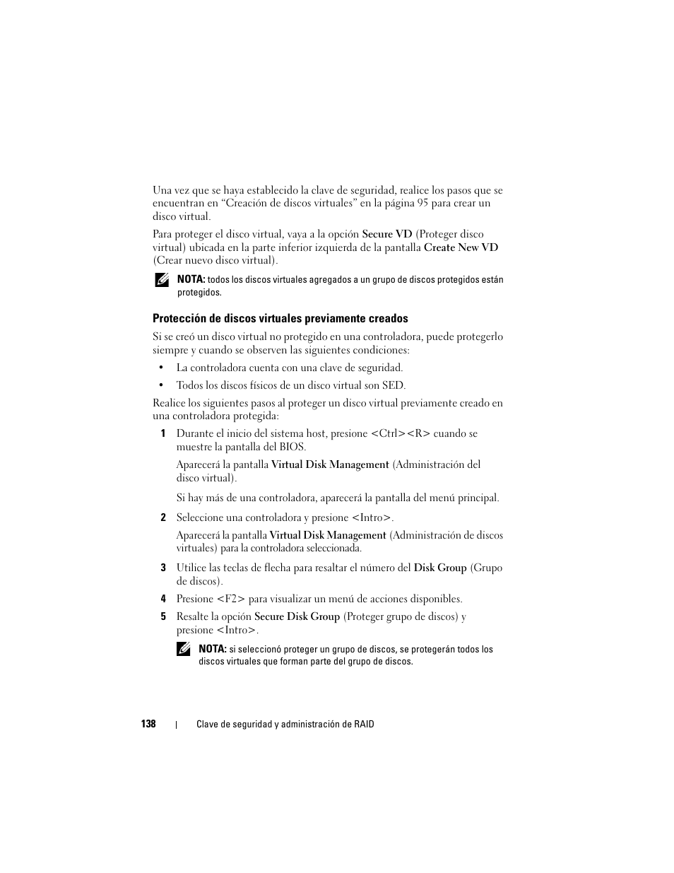 Protección de discos virtuales previamente creados, Protección de discos virtuales previamente | Dell PowerEdge RAID Controller H700 User Manual | Page 138 / 200