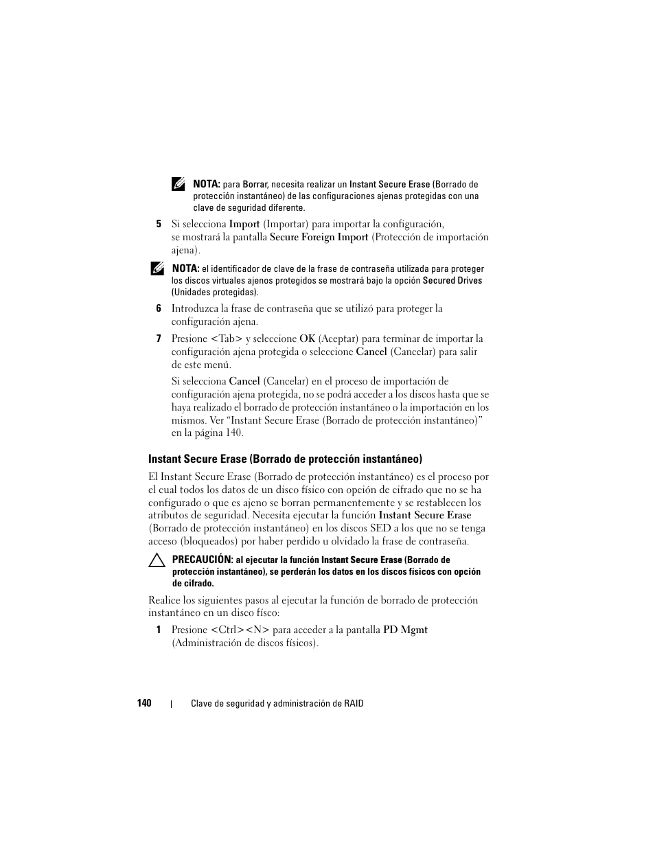 Instant secure erase (borrado de protección, Instantáneo) | Dell PowerEdge RAID Controller H700 User Manual | Page 140 / 200