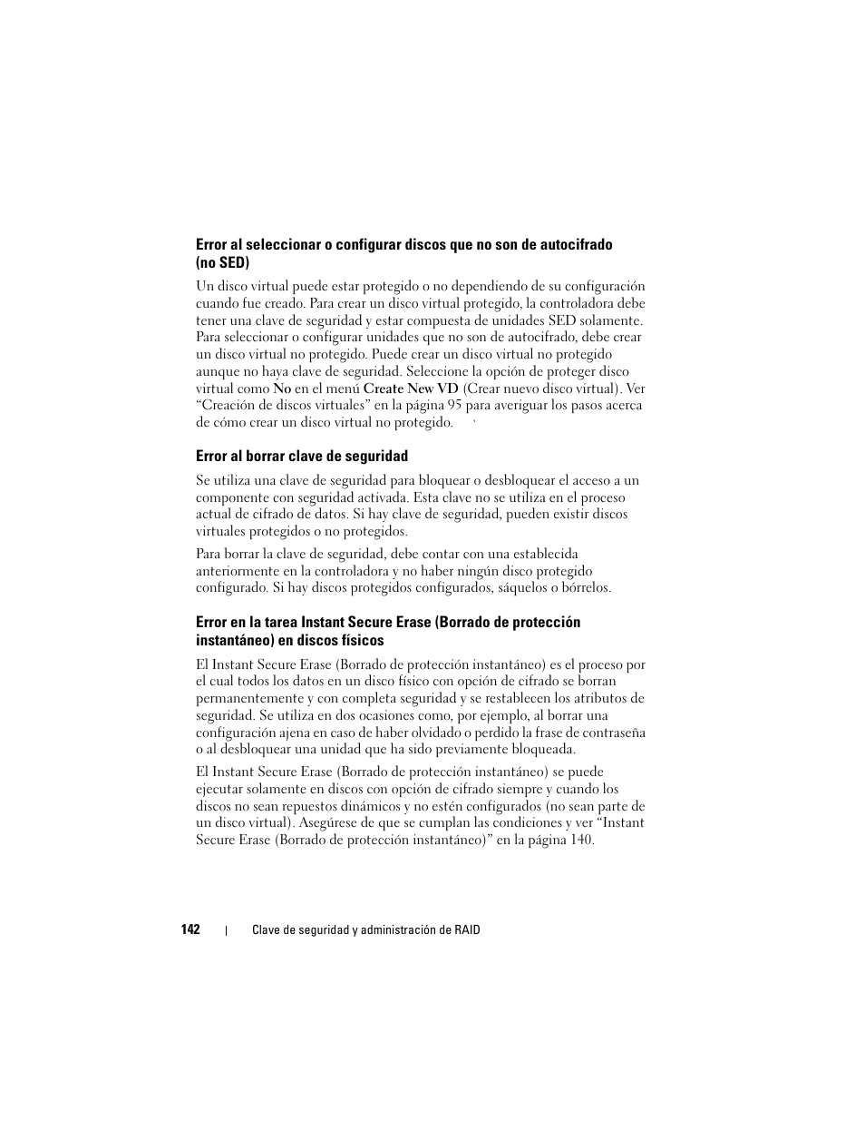 Error al borrar clave de seguridad, Error al seleccionar o configurar discos que, No son de autocifrado | No sed), Error en la tarea instant secure erase, Borrado de protección instantáneo) en, Discos físicos | Dell PowerEdge RAID Controller H700 User Manual | Page 142 / 200