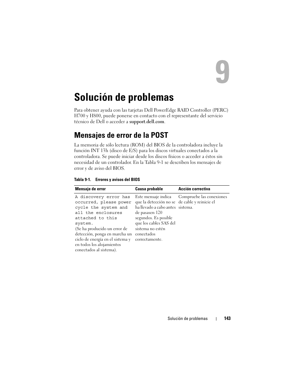 Solución de problemas, Mensajes de error de la post | Dell PowerEdge RAID Controller H700 User Manual | Page 143 / 200