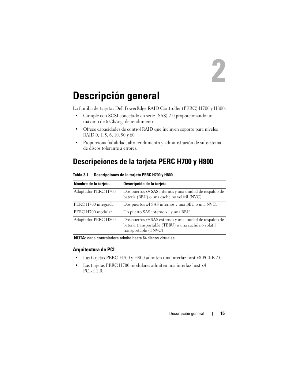 Descripción general, Descripciones de la tarjeta perc h700 y h800, Arquitectura de pci | Dell PowerEdge RAID Controller H700 User Manual | Page 15 / 200