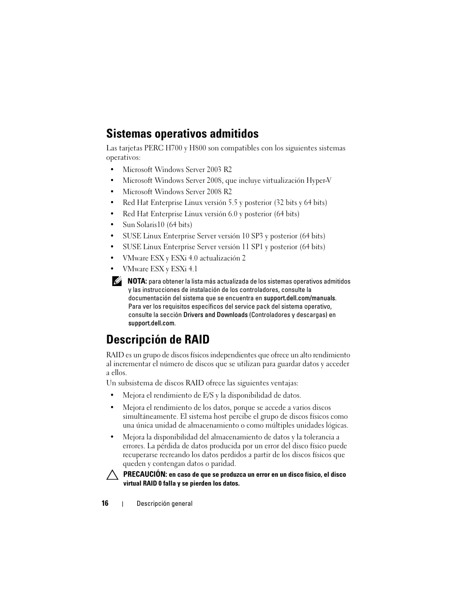 Sistemas operativos admitidos, Descripción de raid | Dell PowerEdge RAID Controller H700 User Manual | Page 16 / 200