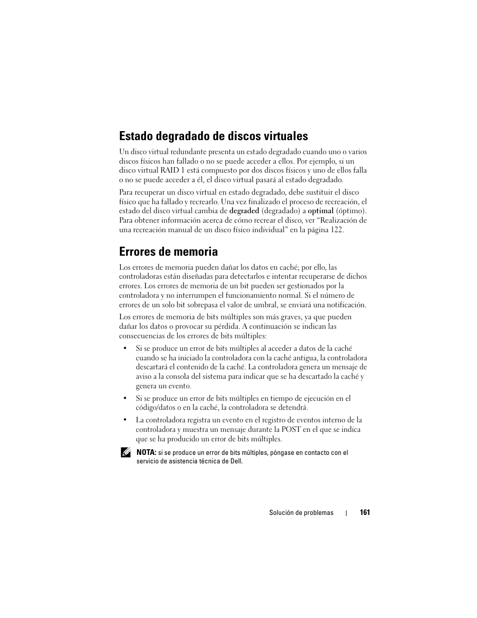 Estado degradado de discos virtuales, Errores de memoria | Dell PowerEdge RAID Controller H700 User Manual | Page 161 / 200