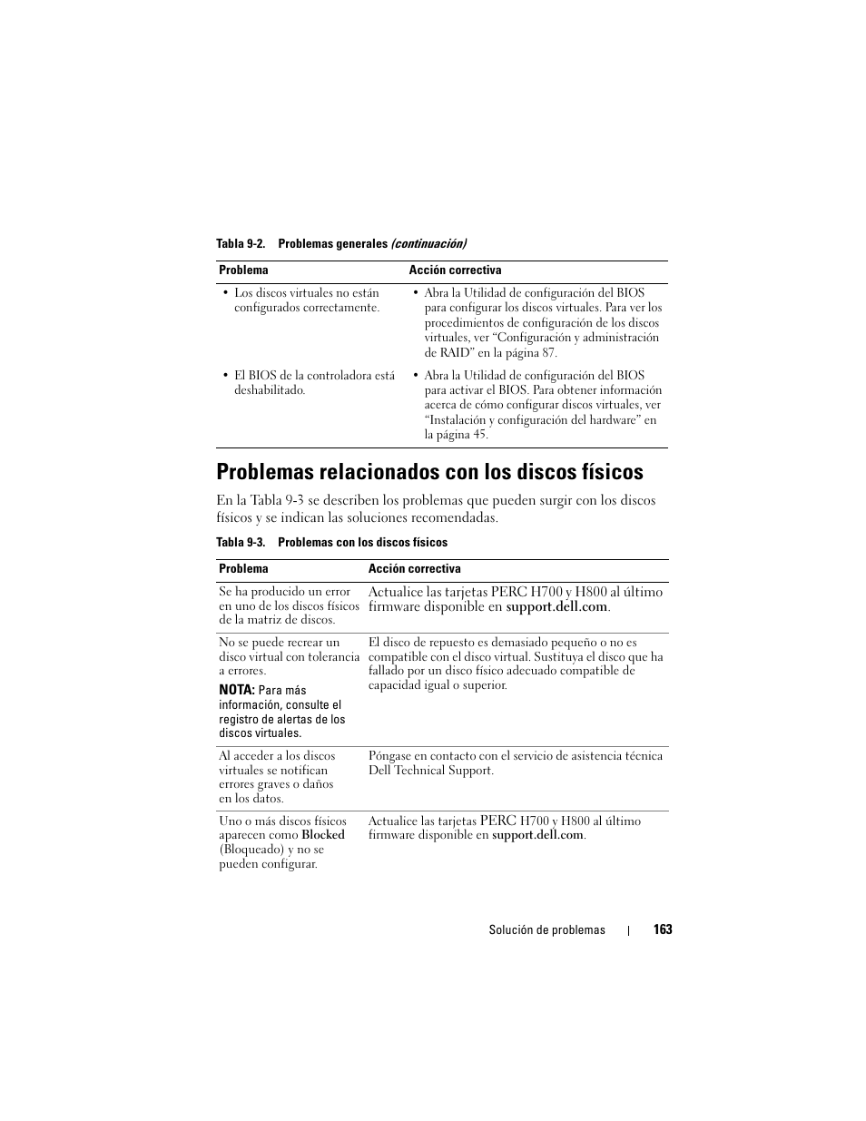 Problemas relacionados con los discos físicos | Dell PowerEdge RAID Controller H700 User Manual | Page 163 / 200