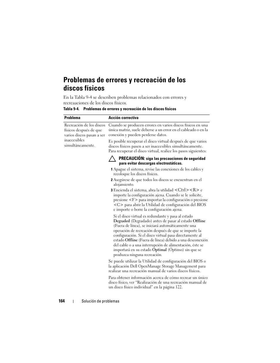 Problemas de errores y recreación de los, Discos físicos | Dell PowerEdge RAID Controller H700 User Manual | Page 164 / 200