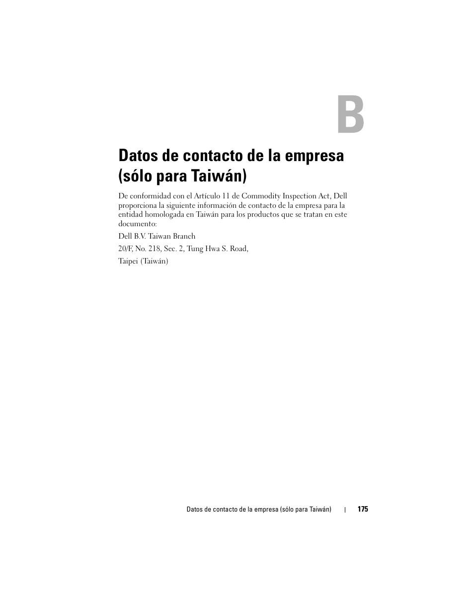 Datos de contacto de la empresa (sólo para taiwán), Datos de contacto de la empresa, Sólo para taiwán) | Dell PowerEdge RAID Controller H700 User Manual | Page 175 / 200
