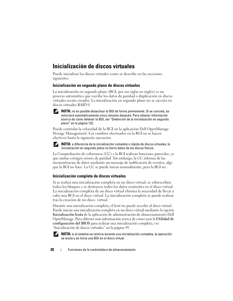 Inicialización de discos virtuales, Inicialización completa de discos virtuales, Inicialización en segundo plano de discos | Virtuales | Dell PowerEdge RAID Controller H700 User Manual | Page 28 / 200