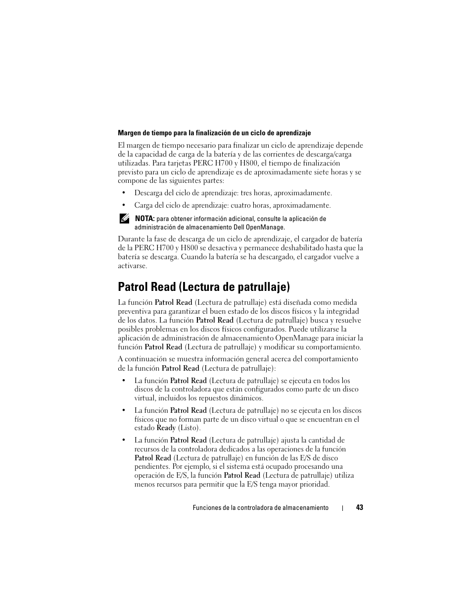 Patrol read (lectura de patrullaje) | Dell PowerEdge RAID Controller H700 User Manual | Page 43 / 200