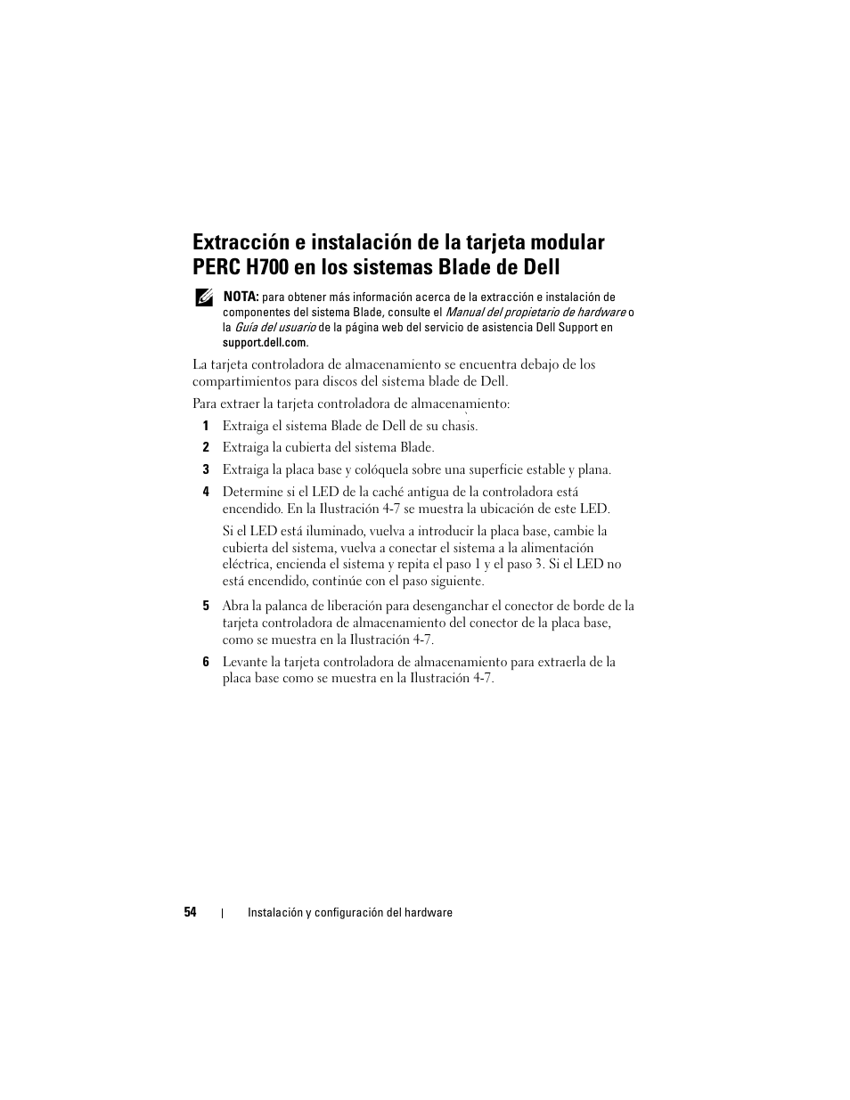 Extracción e instalación de la tarjeta modular, Perc h700 en los sistemas blade de dell | Dell PowerEdge RAID Controller H700 User Manual | Page 54 / 200