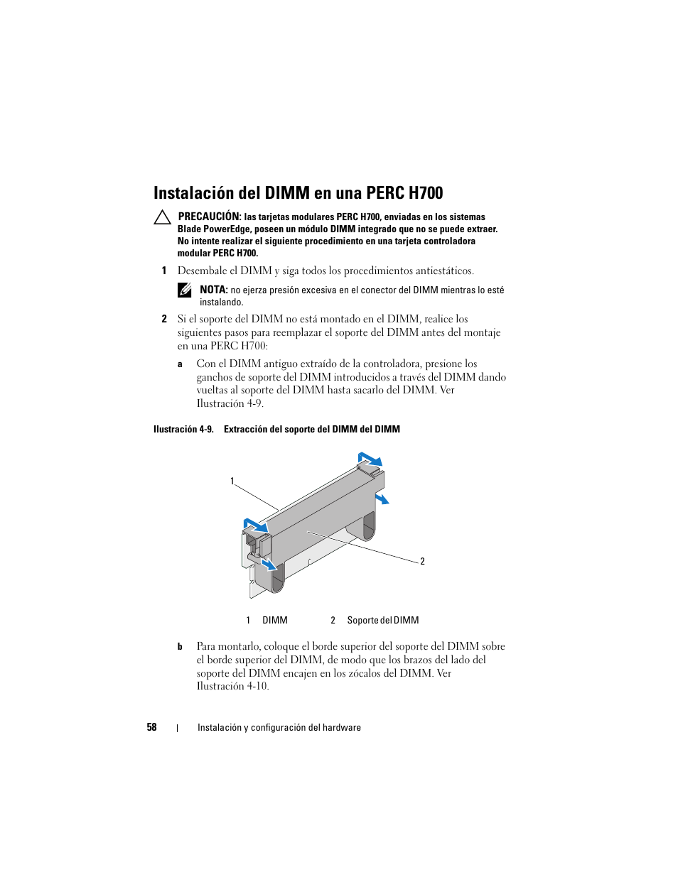 Instalación del dimm en una perc h700 | Dell PowerEdge RAID Controller H700 User Manual | Page 58 / 200
