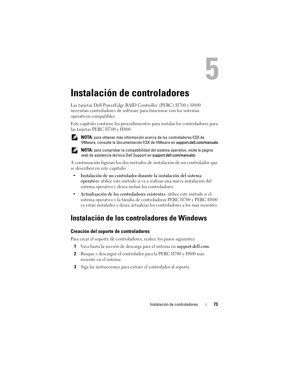 Instalación de controladores, Instalación de los controladores de windows, Creación del soporte de controladores | Dell PowerEdge RAID Controller H700 User Manual | Page 73 / 200