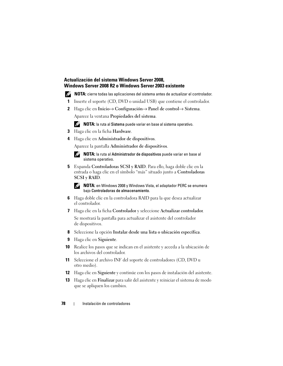 Actualización del sistema windows server 2008, Windows server 2008 r2 o windows server, 2003 existente | Dell PowerEdge RAID Controller H700 User Manual | Page 78 / 200