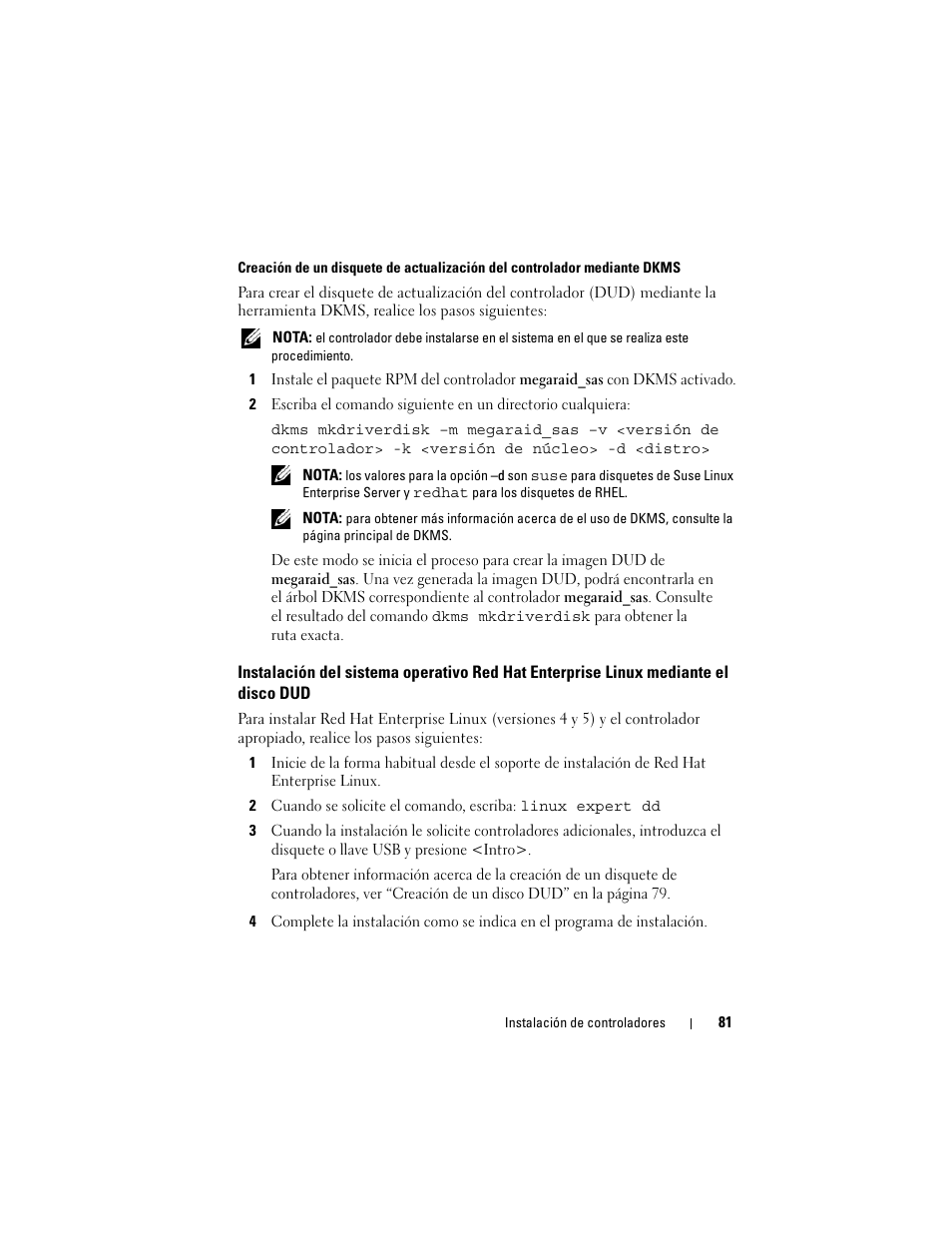 Instalación del sistema operativo red hat, Enterprise linux mediante el disco dud | Dell PowerEdge RAID Controller H700 User Manual | Page 81 / 200