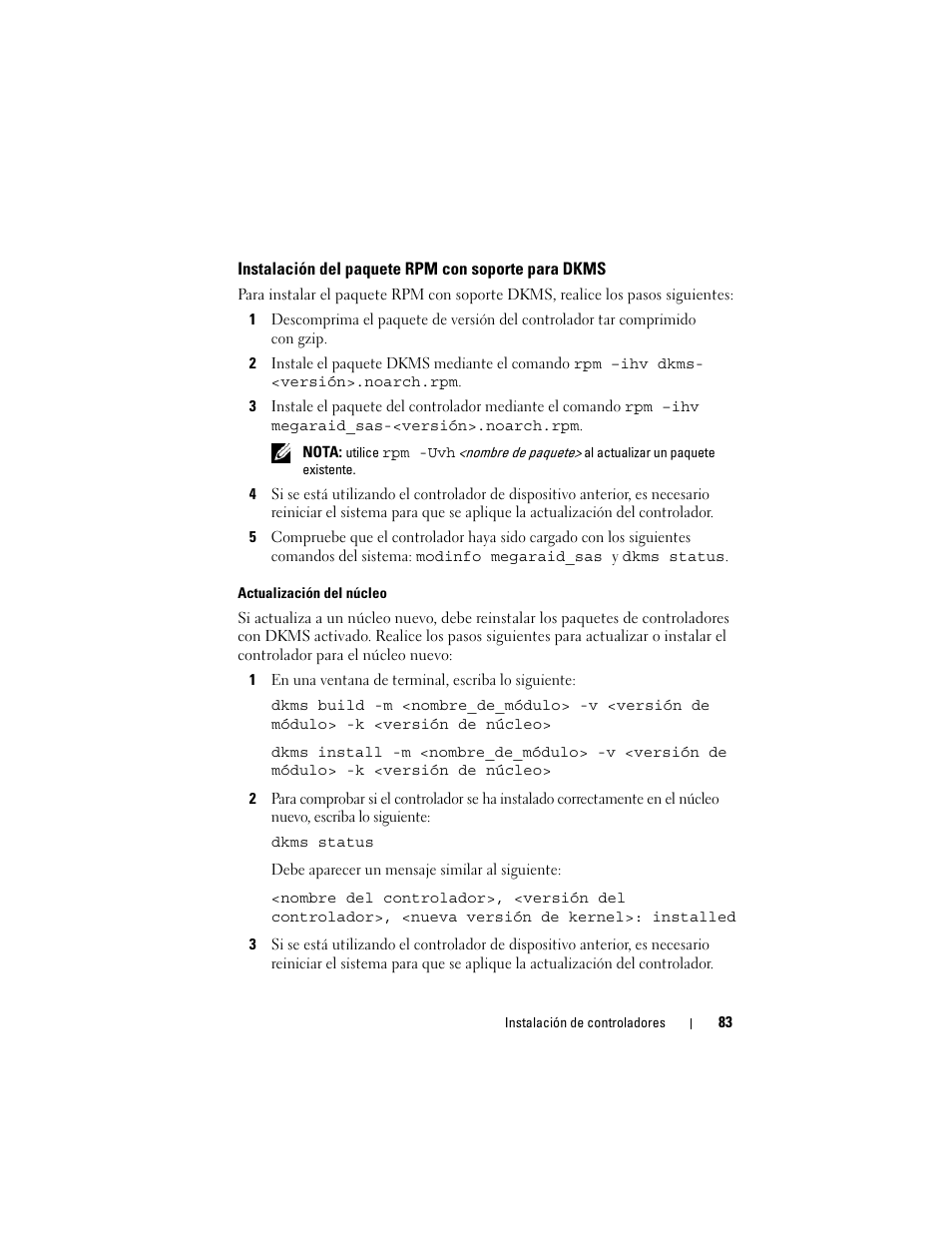 Instalación del paquete rpm con soporte para dkms, Instalación del paquete rpm con soporte, Para dkms | Dell PowerEdge RAID Controller H700 User Manual | Page 83 / 200