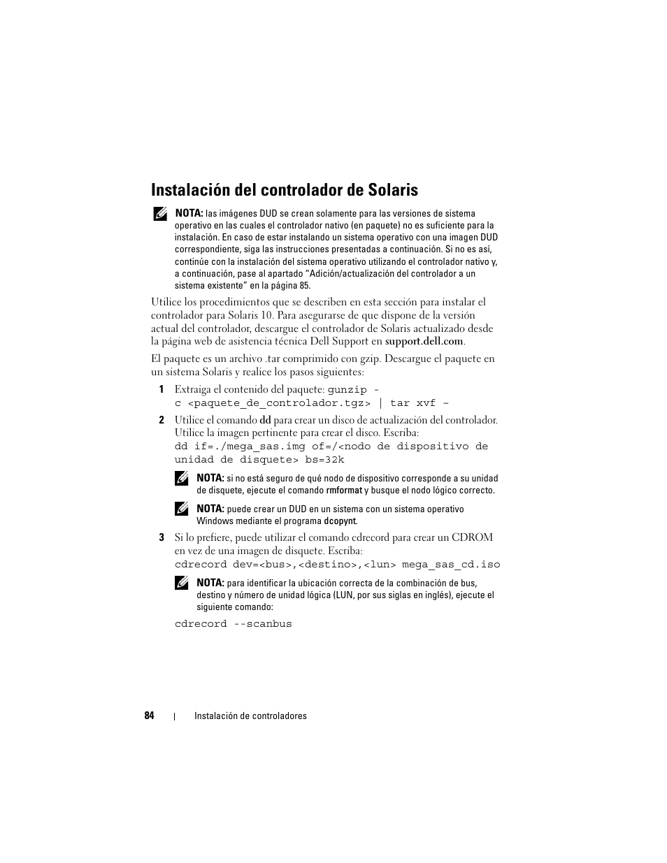 Instalación del controlador de solaris | Dell PowerEdge RAID Controller H700 User Manual | Page 84 / 200