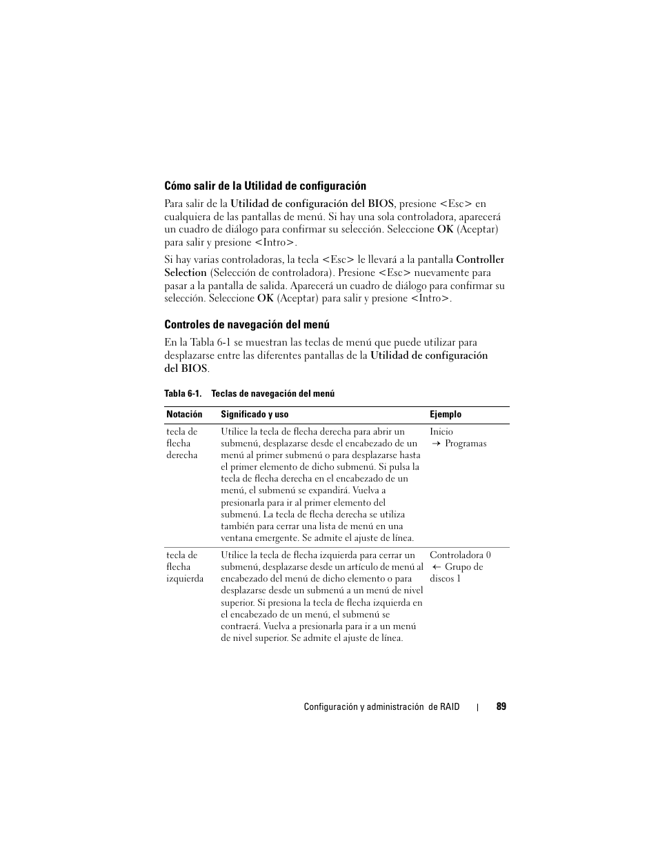 Cómo salir de la utilidad de configuración, Controles de navegación del menú | Dell PowerEdge RAID Controller H700 User Manual | Page 89 / 200