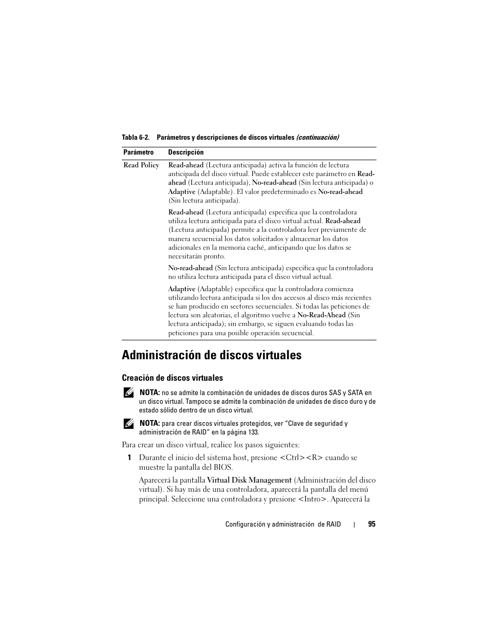 Administración de discos virtuales, Creación de discos virtuales | Dell PowerEdge RAID Controller H700 User Manual | Page 95 / 200
