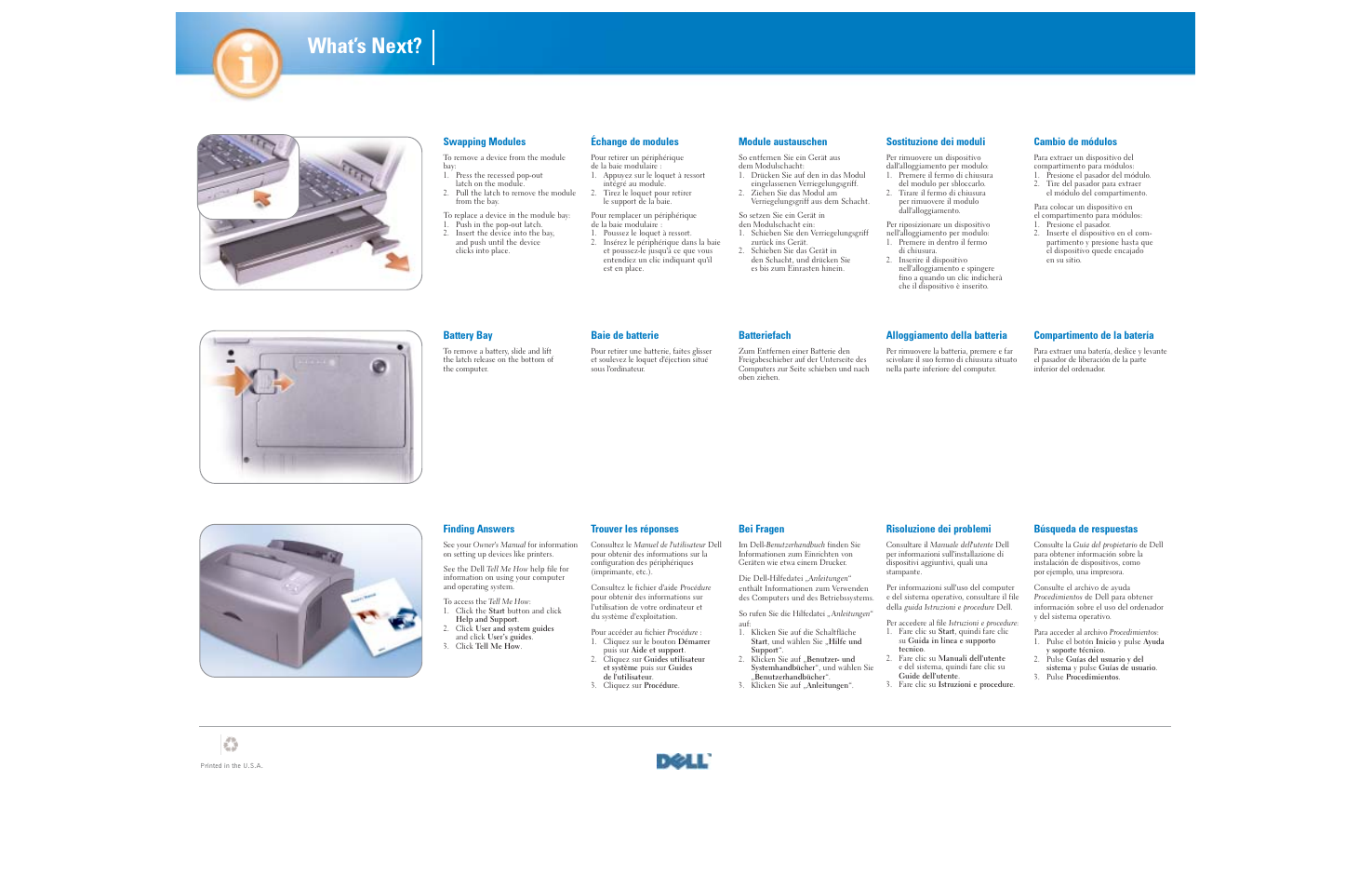 What’s next, Battery bay, Baie de batterie | Batteriefach, Alloggiamento della batteria, Compartimento de la batería, Swapping modules, Échange de modules, Module austauschen, Sostituzione dei moduli | Dell Inspiron 500m User Manual | Page 2 / 2