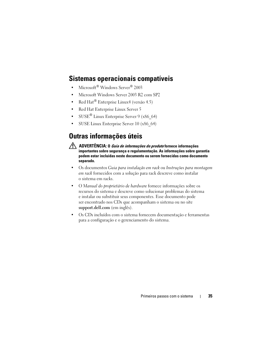 Sistemas operacionais compatíveis, Outras informações úteis | Dell PowerEdge R900 User Manual | Page 37 / 64