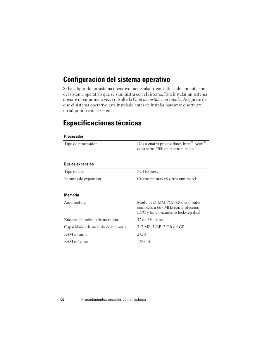 Configuración del sistema operativo, Especificaciones técnicas | Dell PowerEdge R900 User Manual | Page 60 / 64