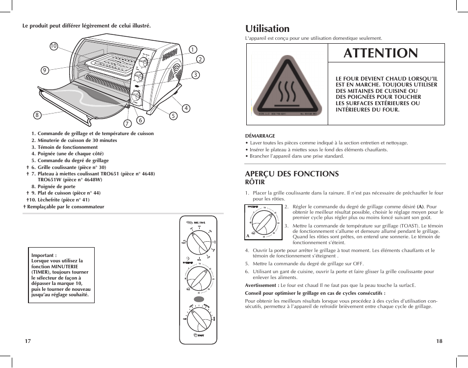 Attention, Utilisation, Aperçu des fonctions | Black & Decker TRO651W User Manual | Page 10 / 15