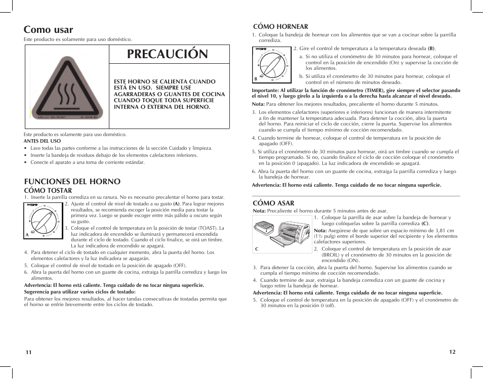 Precaución, Como usar, Funciones del horno | Black & Decker TRO651W User Manual | Page 7 / 15