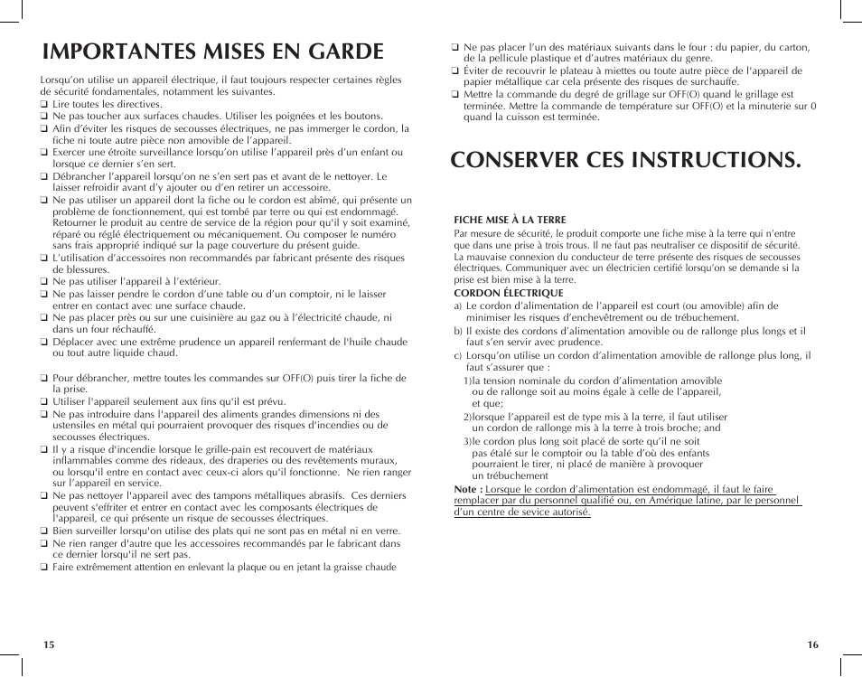 Importantes mises en garde, Conserver ces instructions | Black & Decker TRO651W User Manual | Page 9 / 15