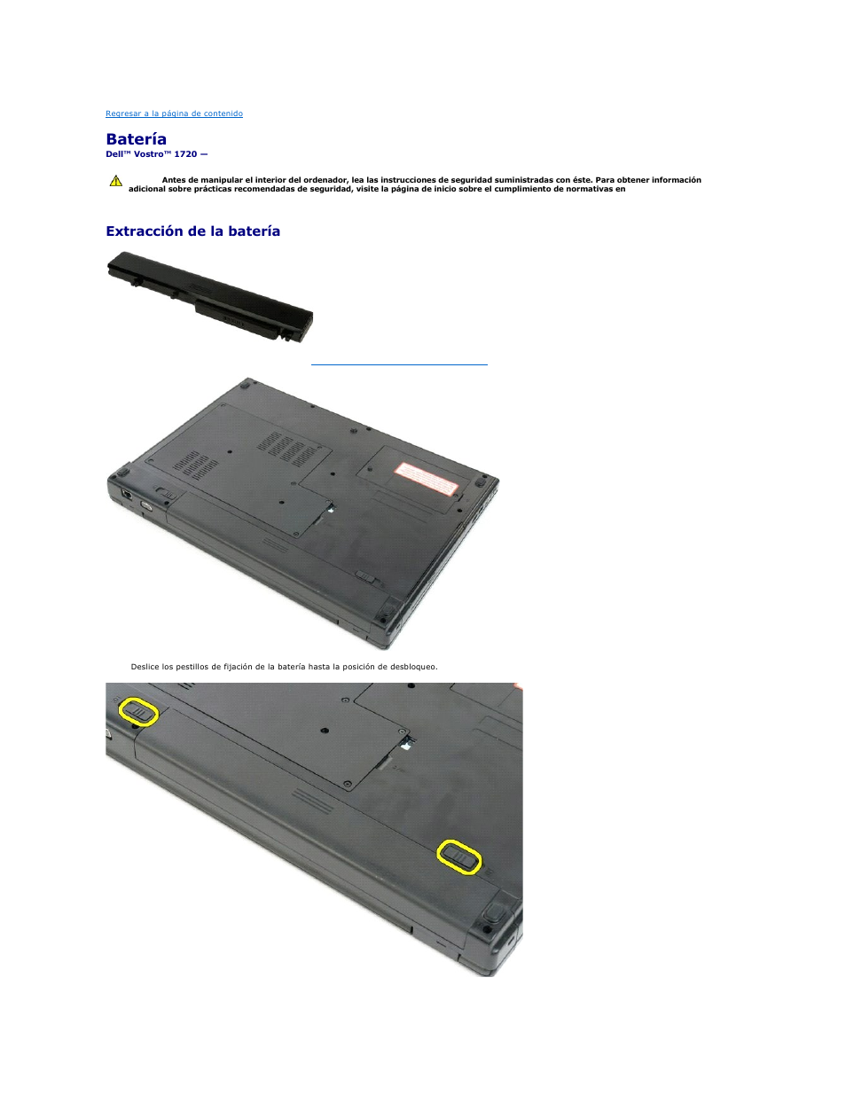 Batería, Extracción de la batería | Dell Vostro 1720 (Early 2009) User Manual | Page 13 / 68