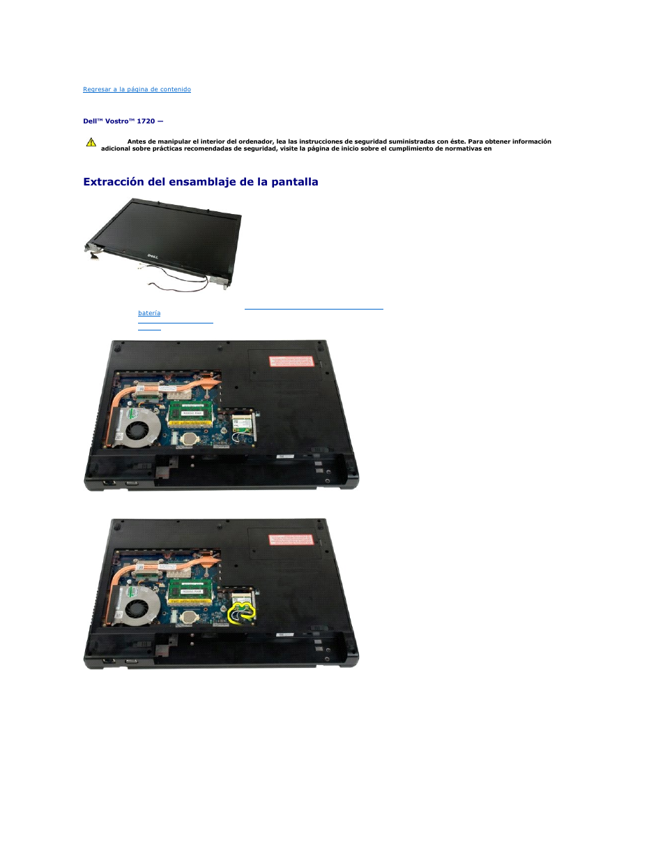 Ensamblaje de la pantalla, Extracción del ensamblaje de la pantalla | Dell Vostro 1720 (Early 2009) User Manual | Page 31 / 68