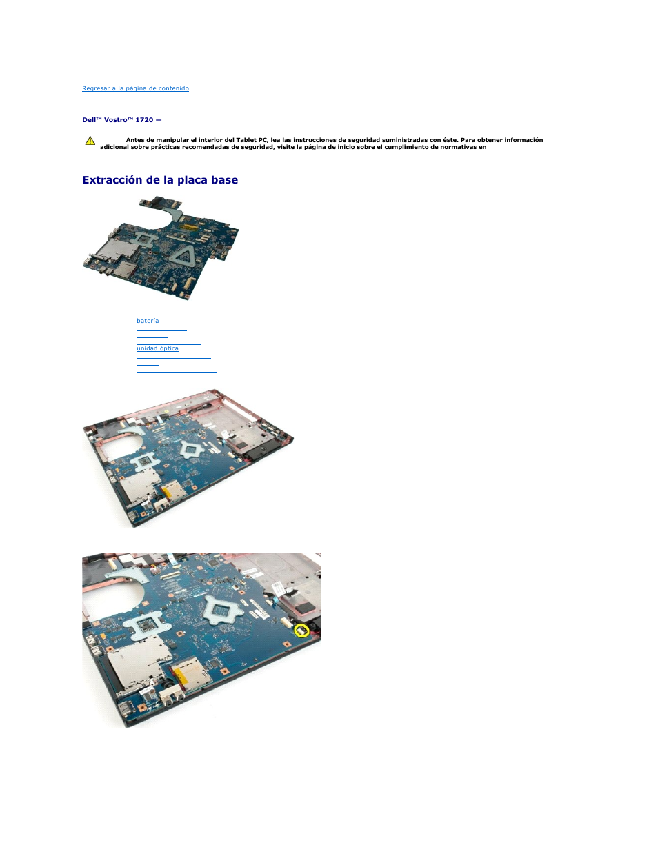 Placa base, Extracción de la placa base | Dell Vostro 1720 (Early 2009) User Manual | Page 58 / 68