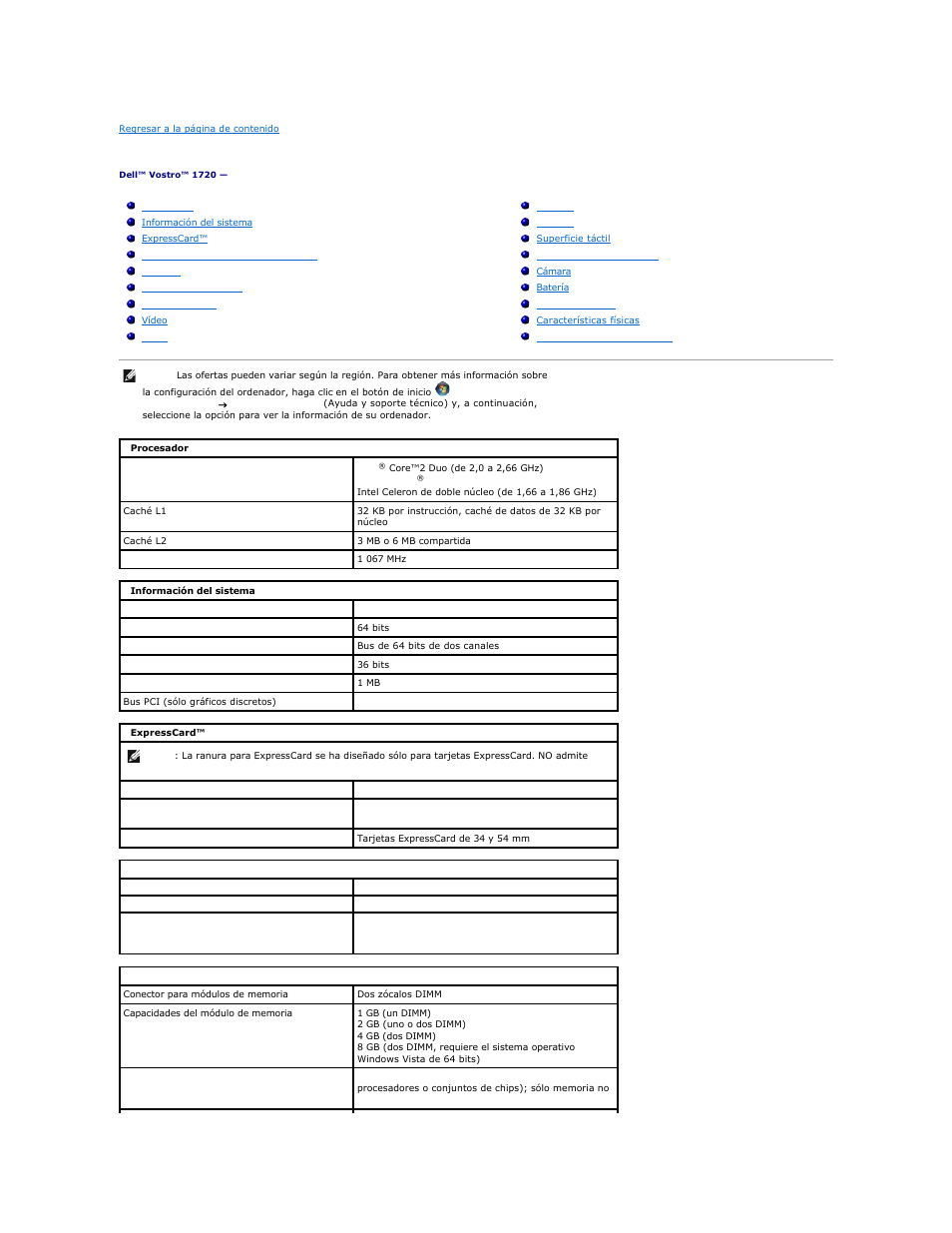 Especificaciones | Dell Vostro 1720 (Early 2009) User Manual | Page 6 / 68