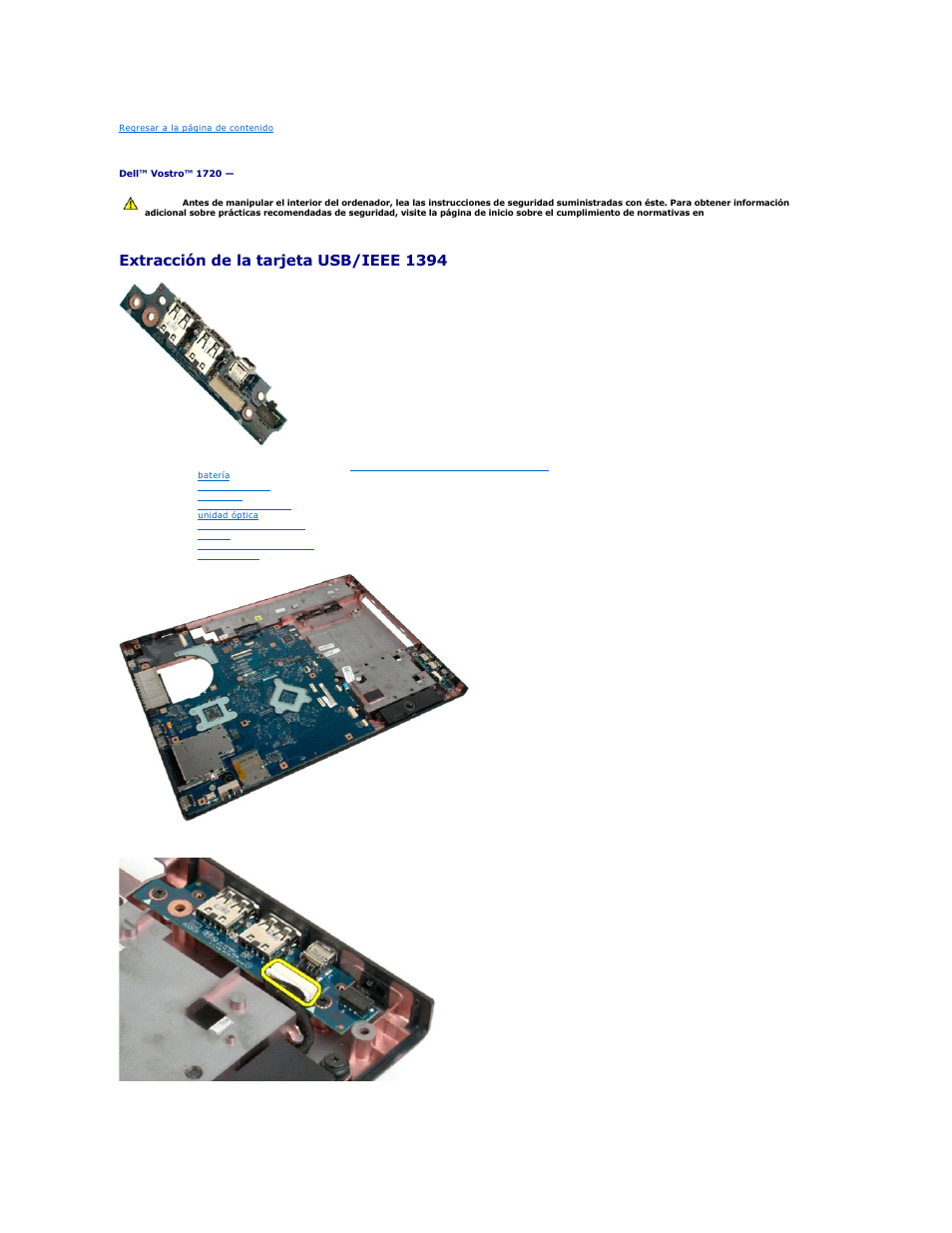 Tarjeta usb/ieee 1394, Extracción de la tarjeta usb/ieee 1394 | Dell Vostro 1720 (Early 2009) User Manual | Page 61 / 68