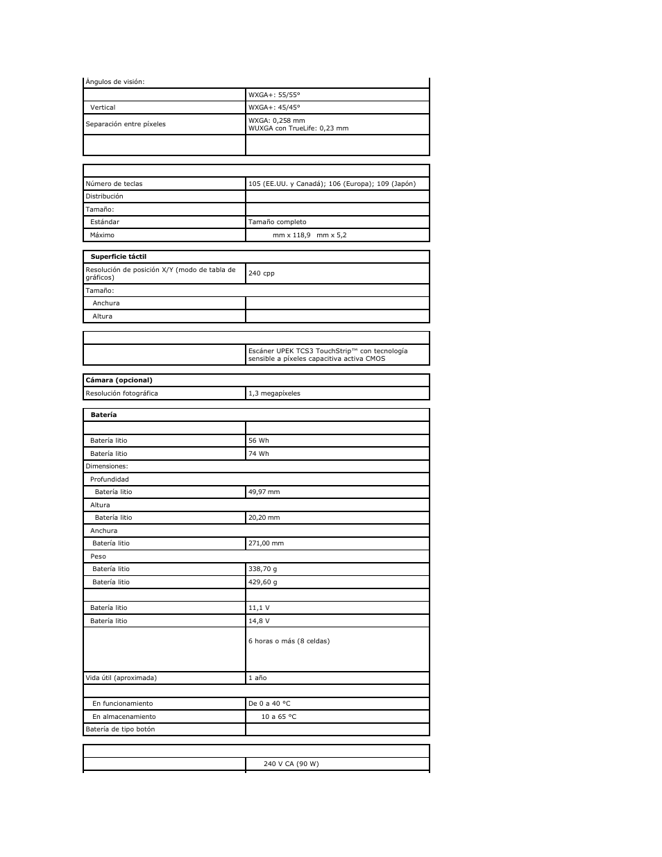 Teclado, Superficie táctil, Lector de huellas digitales | Cámara, Batería, Adaptador de ca | Dell Vostro 1720 (Early 2009) User Manual | Page 8 / 68
