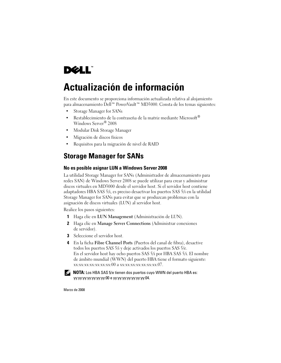 Actualización de información, Storage manager for sans, No es posible asignar lun a windows server 2008 | Dell PowerVault MD3000 User Manual | Page 19 / 21