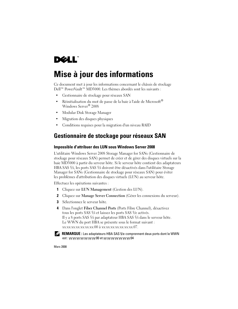 Mise à jour des informations, Gestionnaire de stockage pour réseaux san | Dell PowerVault MD3000 User Manual | Page 7 / 21