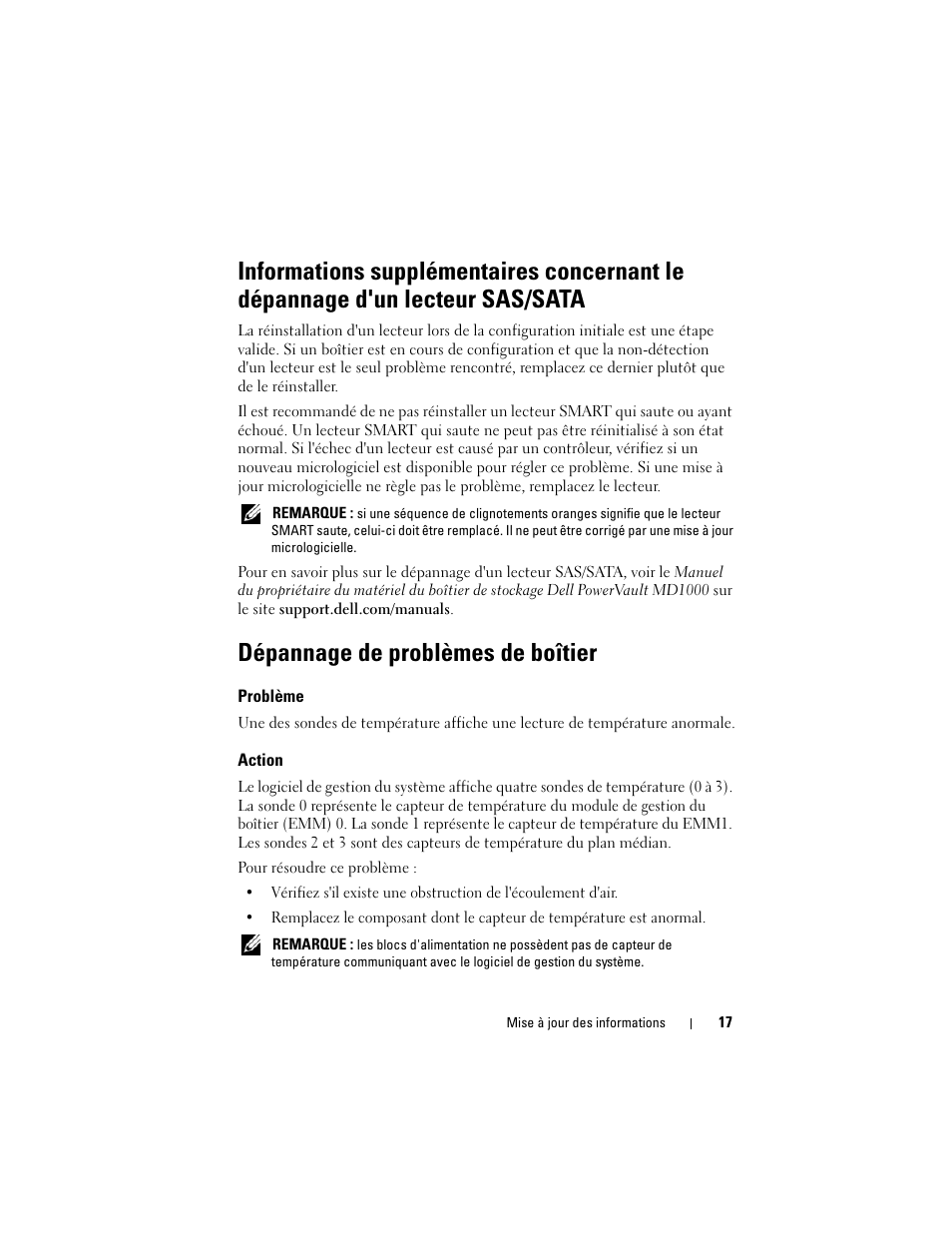 Dépannage de problèmes de boîtier, Problème, Action | Dell POWERVAULT MD1000 User Manual | Page 17 / 42