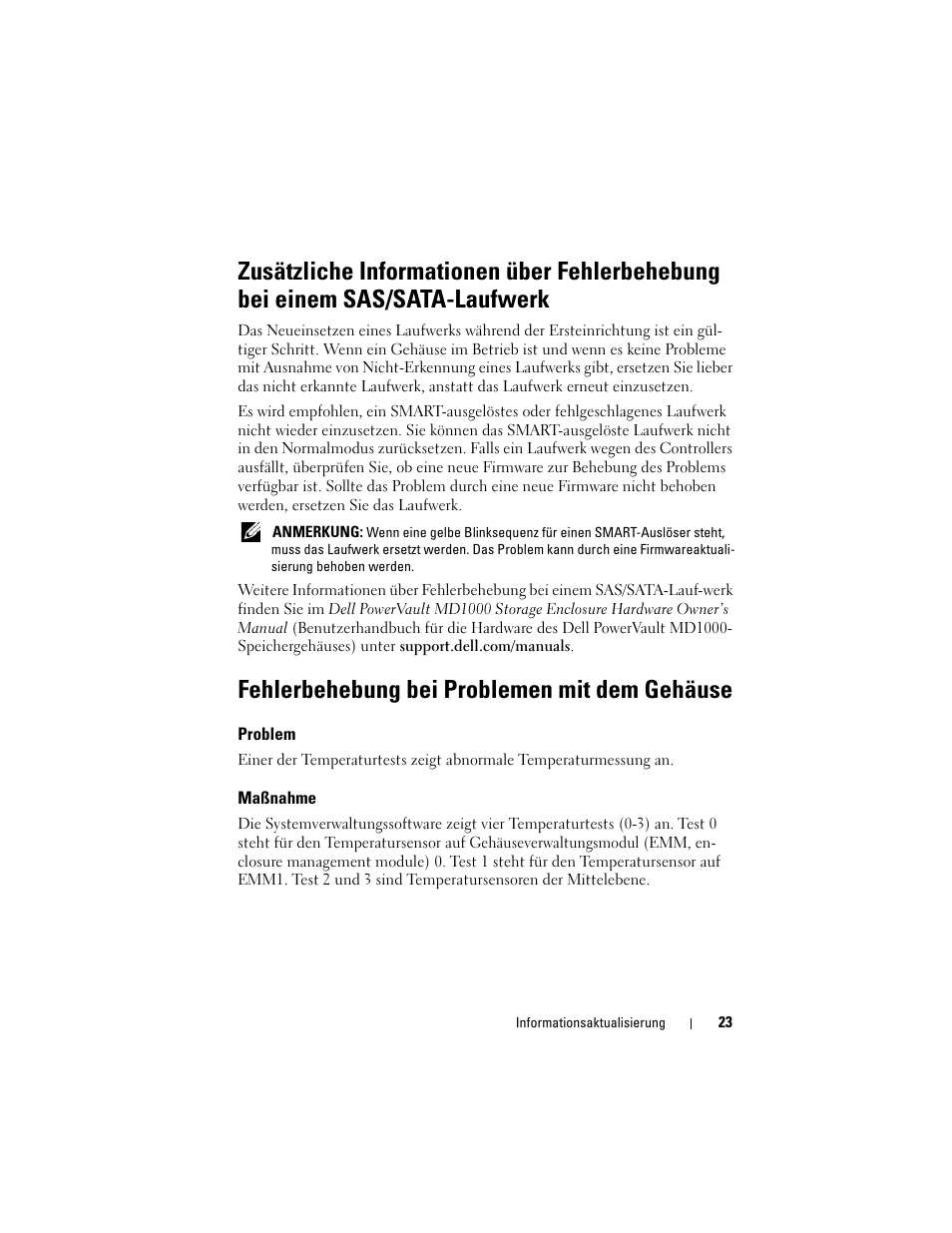 Fehlerbehebung bei problemen mit dem gehäuse, Problem, Maßnahme | Dell POWERVAULT MD1000 User Manual | Page 23 / 42