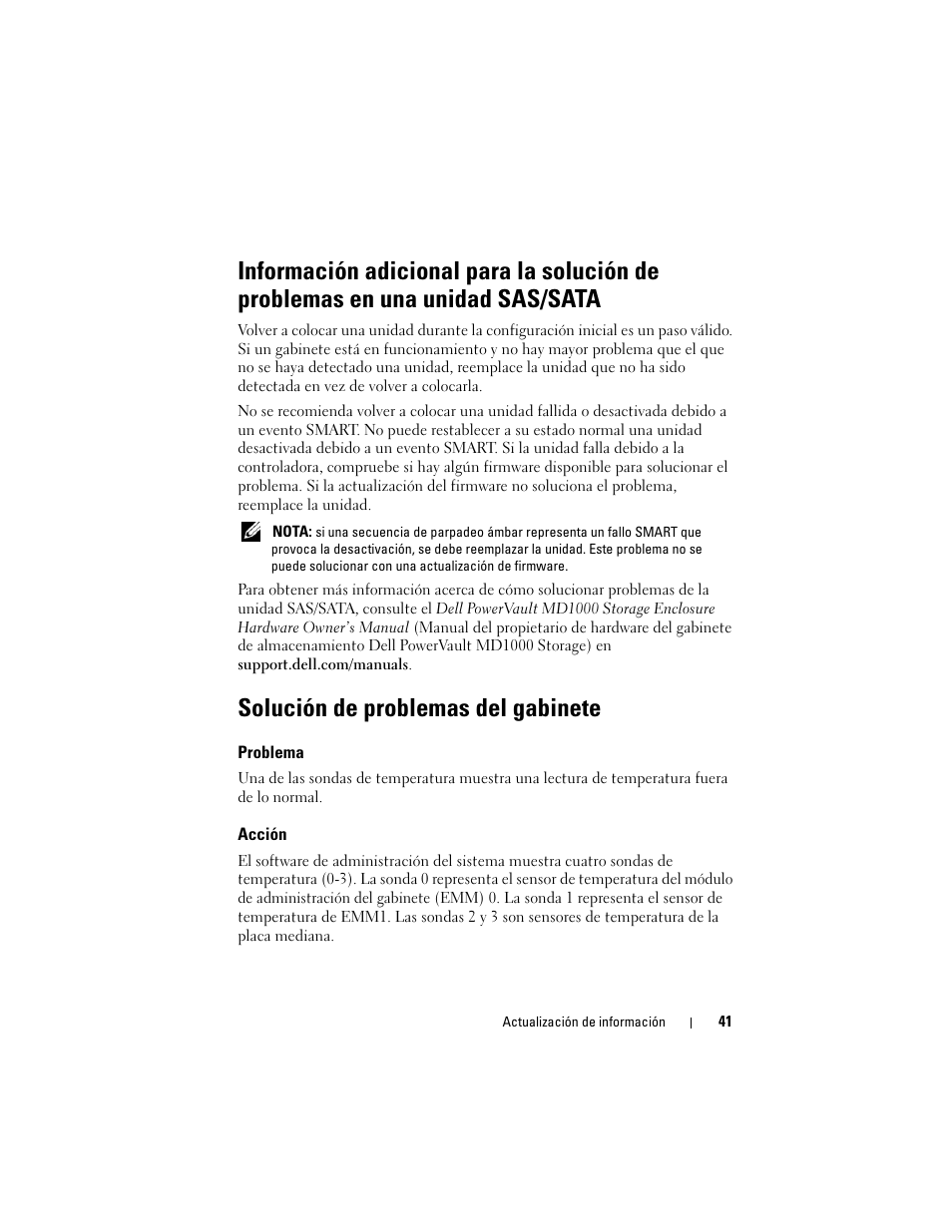 Solución de problemas del gabinete, Problema, Acción | Dell POWERVAULT MD1000 User Manual | Page 41 / 42