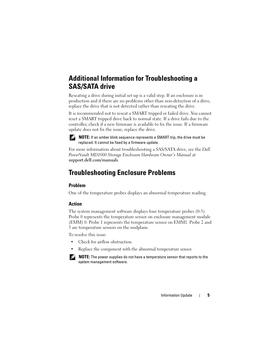 Troubleshooting enclosure problems, Problem, Action | Dell POWERVAULT MD1000 User Manual | Page 5 / 42
