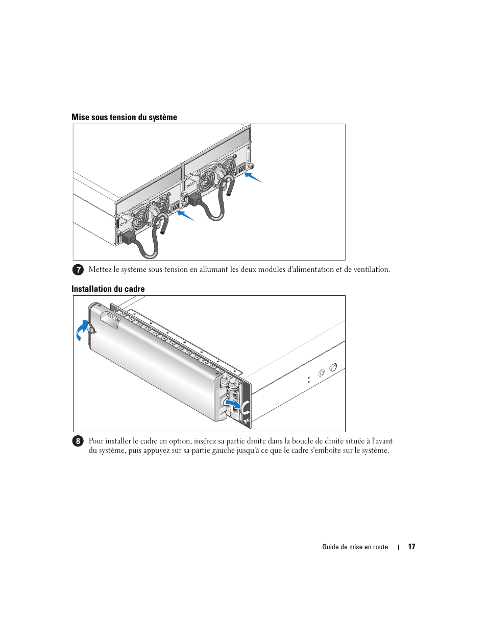 Mise sous tension du système, Installation du cadre | Dell PowerVault MD3000 User Manual | Page 19 / 42