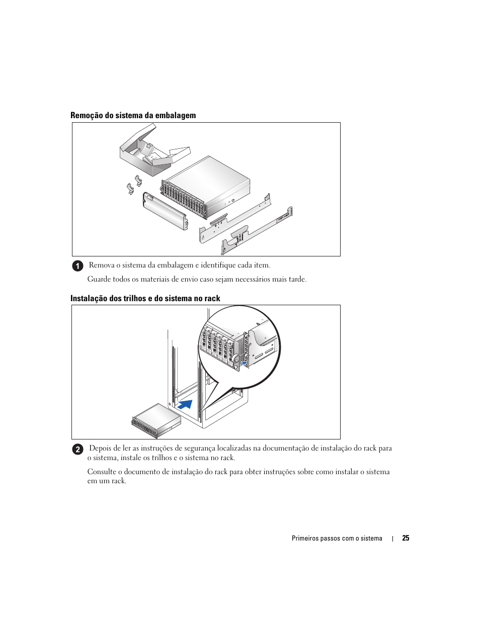 Remoção do sistema da embalagem, Instalação dos trilhos e do sistema no rack | Dell PowerVault MD3000 User Manual | Page 27 / 42