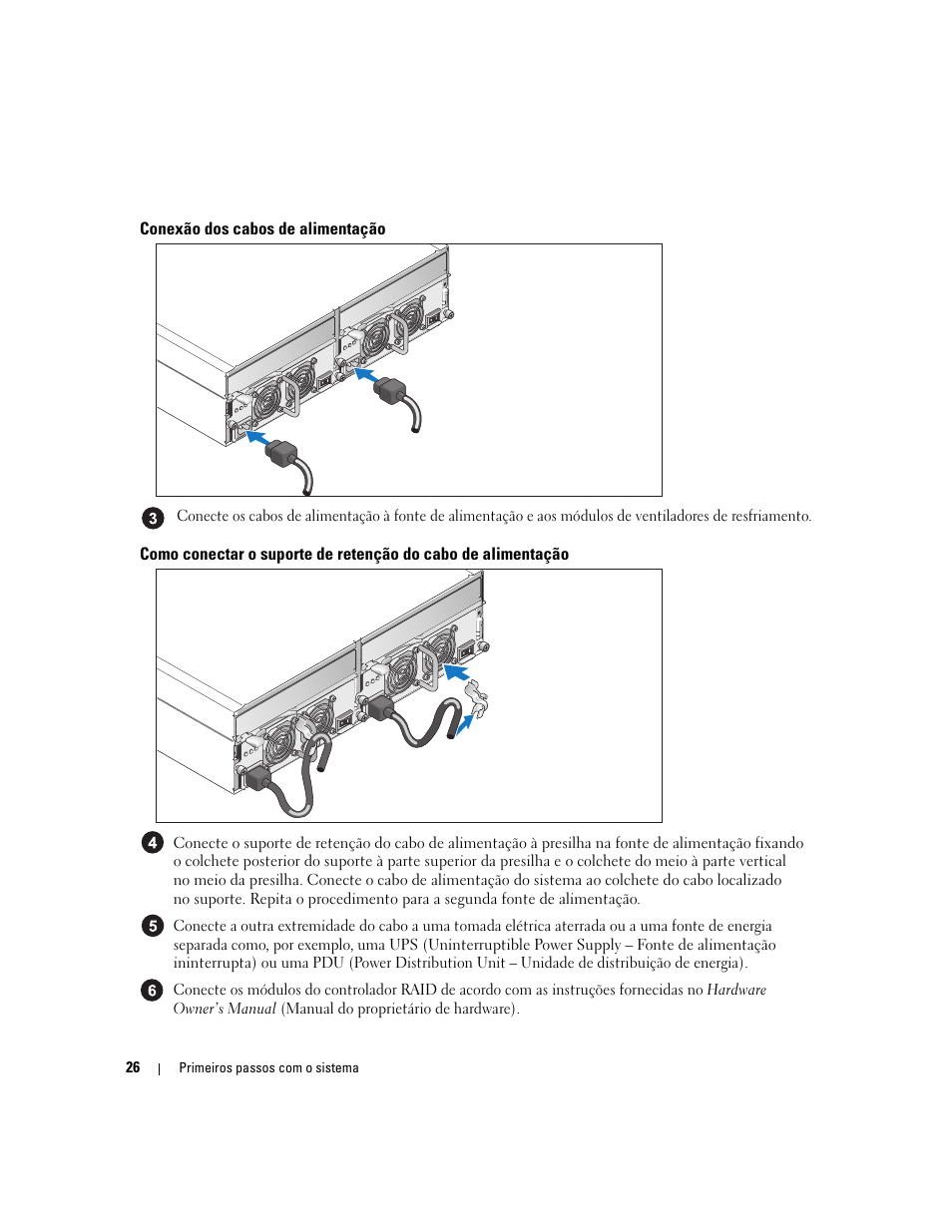 Conexão dos cabos de alimentação | Dell PowerVault MD3000 User Manual | Page 28 / 42