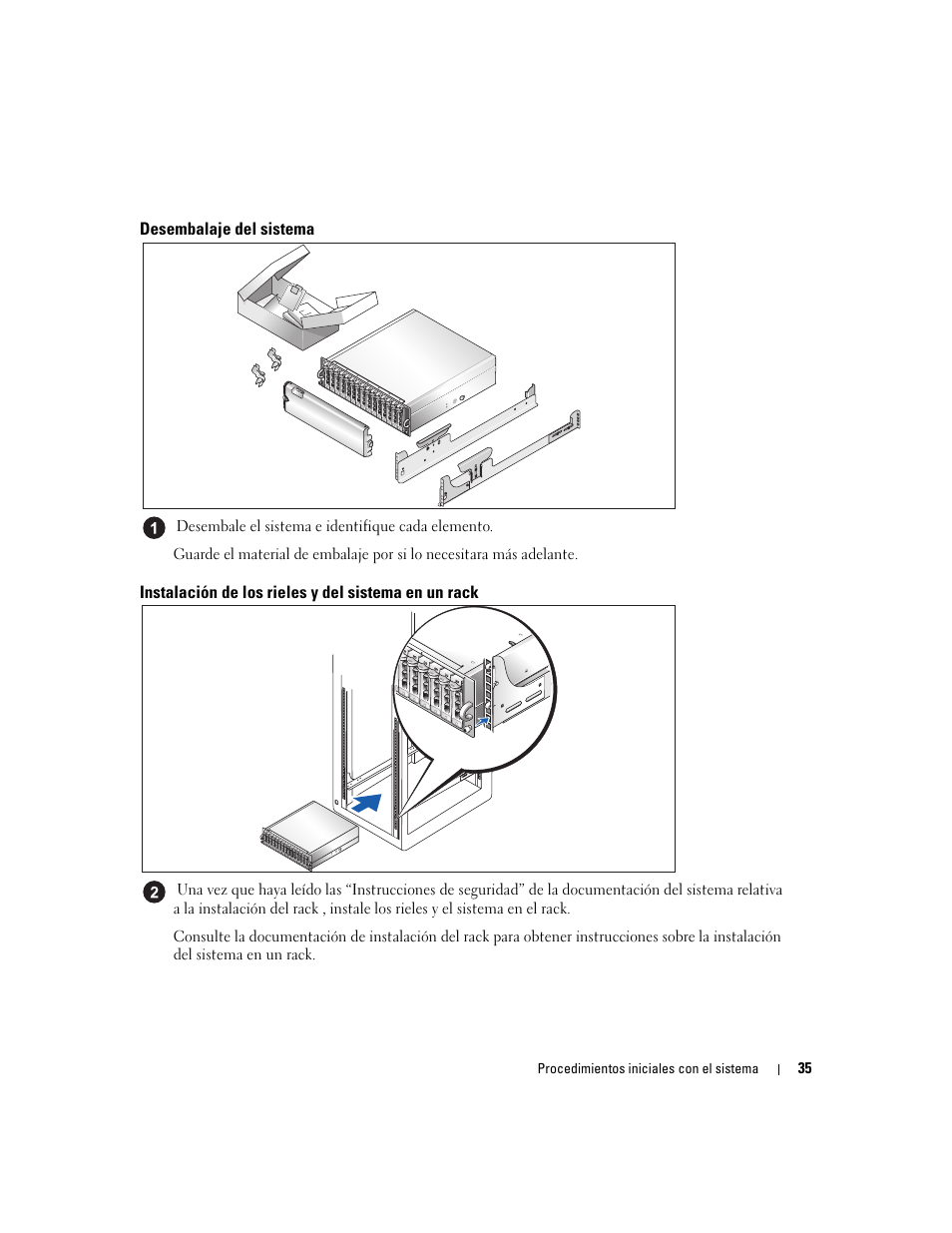 Desembalaje del sistema, Instalación de los rieles y del sistema en un rack | Dell PowerVault MD3000 User Manual | Page 37 / 42