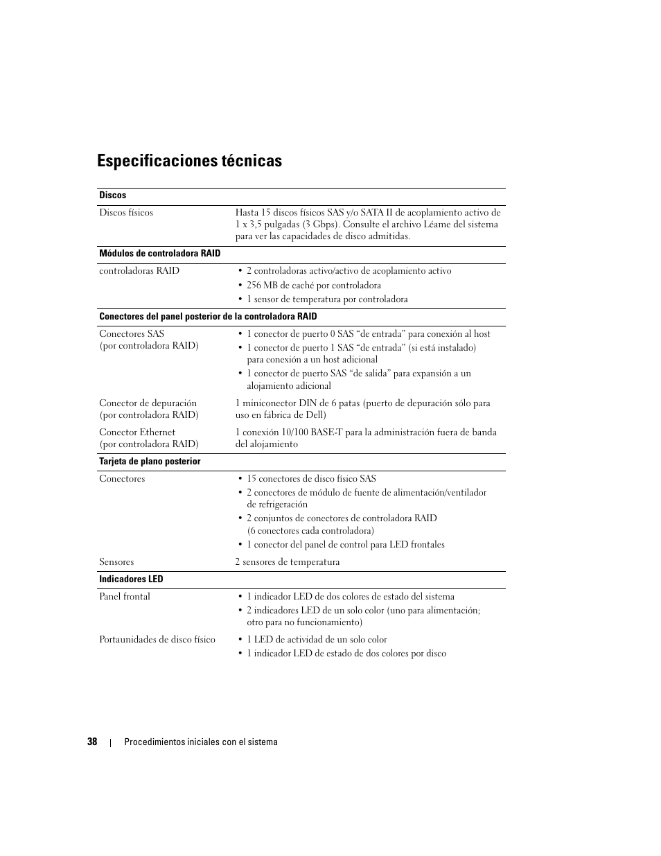 Especificaciones técnicas | Dell PowerVault MD3000 User Manual | Page 40 / 42