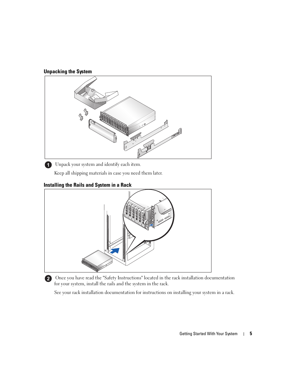 Unpacking the system, Installing the rails and system in a rack | Dell PowerVault MD3000 User Manual | Page 7 / 42