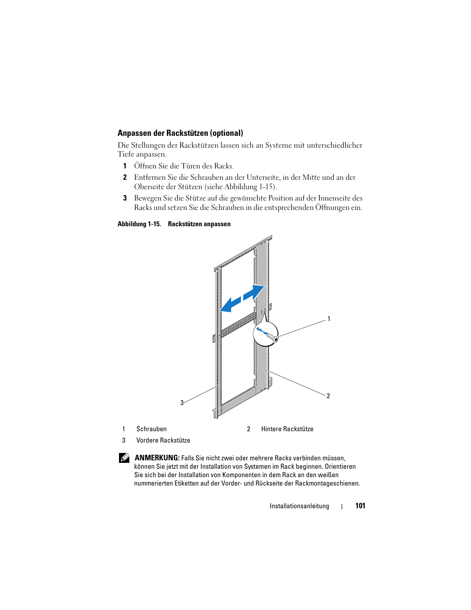 Anpassen der rackstützen (optional) | Dell PowerEdge Rack Enclosure 4820 User Manual | Page 103 / 186
