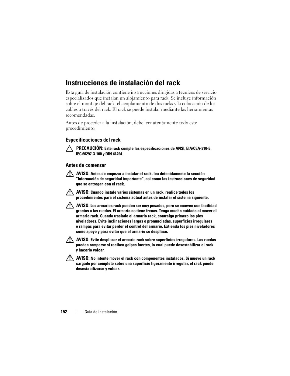 Instrucciones de instalación del rack, Especificaciones del rack, Antes de comenzar | Dell PowerEdge Rack Enclosure 4820 User Manual | Page 154 / 186
