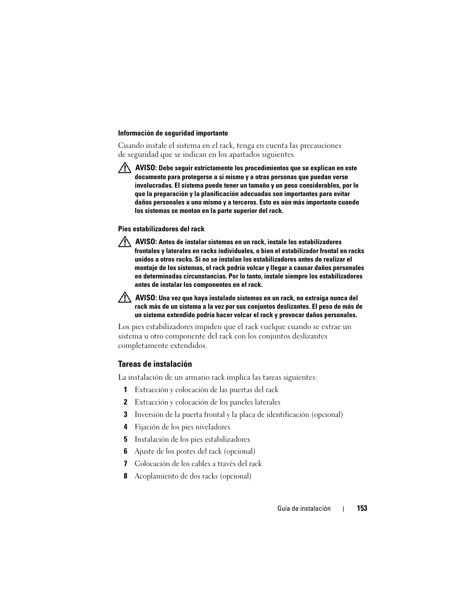 Tareas de instalación | Dell PowerEdge Rack Enclosure 4820 User Manual | Page 155 / 186