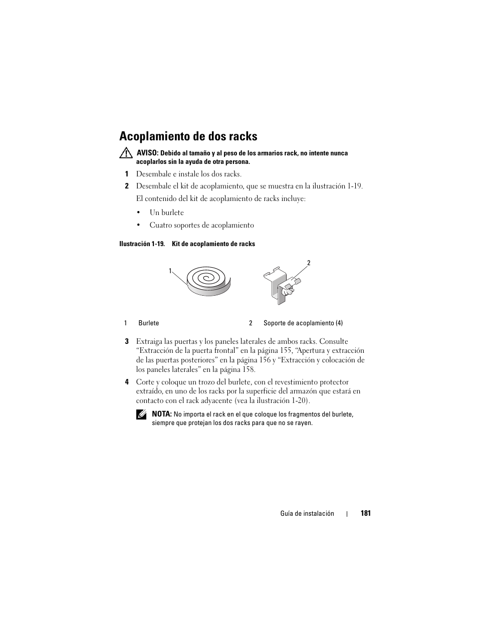 Acoplamiento de dos racks | Dell PowerEdge Rack Enclosure 4820 User Manual | Page 183 / 186